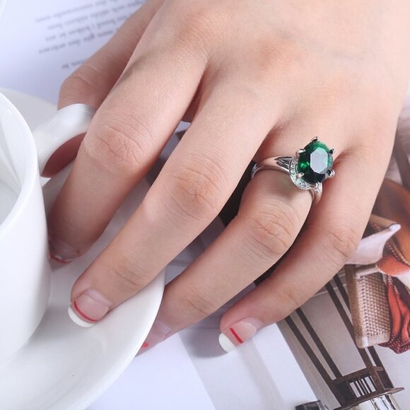 💎 Dainty Large Oval Zircon Emerald Elegant Silver Rings for Women, INDN8212 - Picture 2 of 12